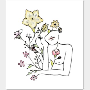 Drawing of woman's siluette and watercolor flowers Posters and Art